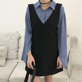Long-sleeve Chiffon Blouse/ V-neck Pinafore Dress