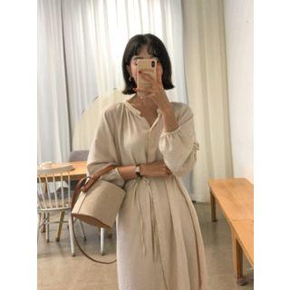 Open-placket Shirred Long Shirtdress With Sash