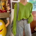 Long-sleeve V-neck Basic Cardigan Green - One Size
