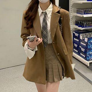 Single-breasted Blazer / Plaid Pleated Mini A-line Skirt