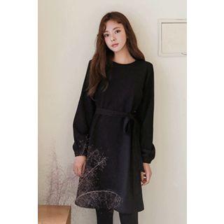 Bishop-sleeve Shift Dress With Sash