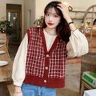 Puff-sleeve Blouse / Tweed Buttoned Knit Vest