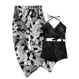 Set: Plain Bikini Top + Swim Shorts + Printed Pants