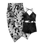 Set: Plain Bikini Top + Swim Shorts + Printed Pants