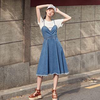 Spaghetti-strap Denim Wrap-front Dress