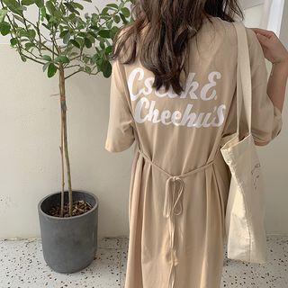Elbow-sleeve Letter Slit Midi T-shirt Dress