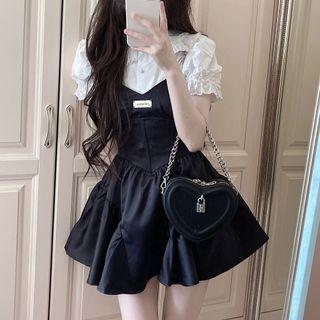 Puff-sleeve Shirt / Shirred Overall Dress / Set