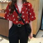 Floral Loose-fit Short-sleeve Chiffon Shirt Red - One Size