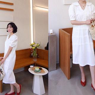 V-neck Lace-collar Puff-sleeve Dress