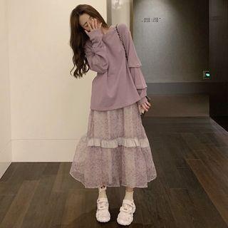 Frog-buttoned Back Pullover + Midi Floral Print Chiffon Skirt
