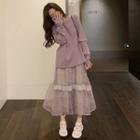 Frog-buttoned Back Pullover + Midi Floral Print Chiffon Skirt