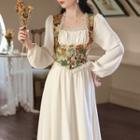 Long-sleeve Floral Panel Lace Trim Midi A-line Dress