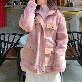 Faux Shearling Zip Cargo Jacket As Shown In Figure - One Size