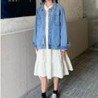 Long-sleeve Frill Trim Midi Dress / Buttoned Denim Jacket