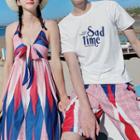 Couple Matching Set: Printed Spaghetti Strap Midi Dress + Shorts + Lettering Short-sleeve T-shirt