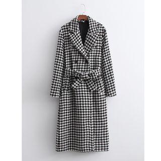 Tie-waist Double-breasted Houndstooth Coat
