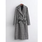 Tie-waist Double-breasted Houndstooth Coat