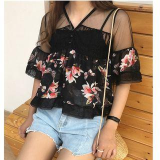 Set: Elbow-sleeve Floral Chiffon Top + Camisole