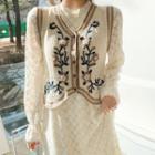 Contrast-trim Floral Embroidered Knit Vest