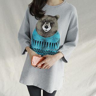 3/4-sleeve Bear Print T-shirt