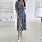 Floral Print Elbow-sleeve Slit Midi A-line Dress As Shown In Figure - One Size