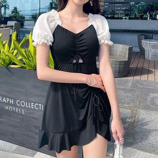Puff-sleeve Ruched Swimsuit