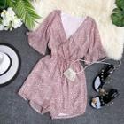 Bell-sleeve Floral Print Playsuit Pink - One Size