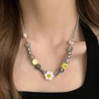 Smiley Flower Faux Pearl Alloy Necklace Gray & Yellow & Silver - One Size
