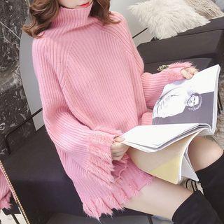 Turtleneck Fringed Hem Sweater