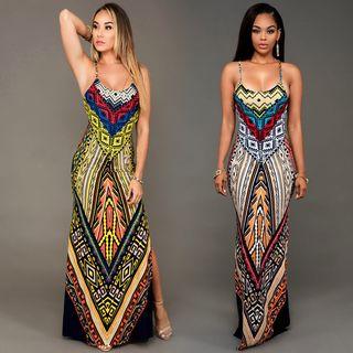 Patterned Strappy Sheath Maxi Dress