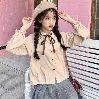 Smocked-cuff Lace-up Corduroy Blouse