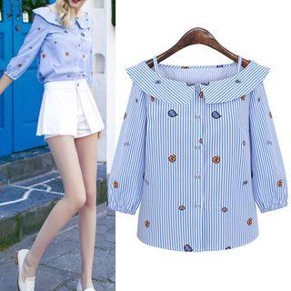 Elbow-sleeve Print Pinstriped Shirt