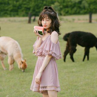 Elbow-sleeve Ruffle Cold Shoulder Chiffon Playsuit