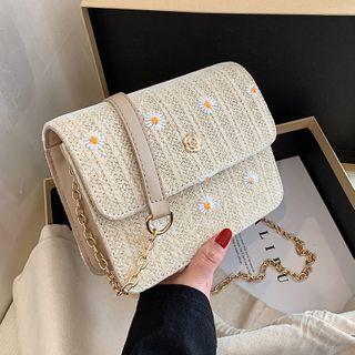 Chain Floral Embroidered Woven Crossbody Bag