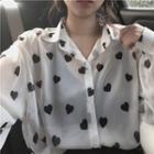 Long-sleeve Heart Print Blouse White - One Size