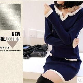 Faux Pearl Contrast Trim Knit Dress