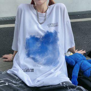 Elbow-sleeve Cloud Letter Print T-shirt