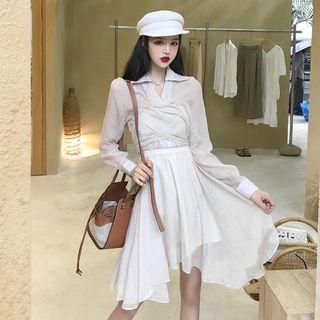 See-through Long-sleeve Slim-fit Blouse / Irregular Skirt