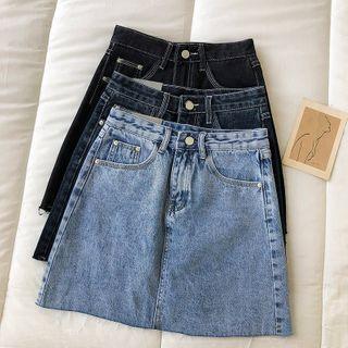 Denim Frayed High-waist Skirt