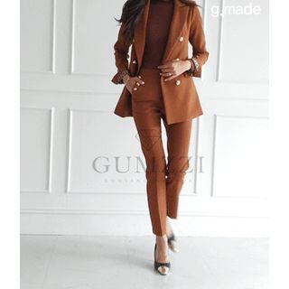Set: Leopard-trim Blazer + Straight-cut Dress Pants