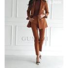 Set: Leopard-trim Blazer + Straight-cut Dress Pants