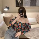 3/4-sleeve Floral Print Blouse Black - One Size