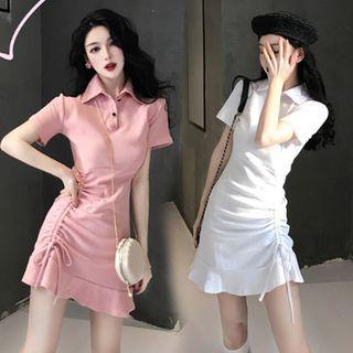 Drawstring Ruched Short-sleeve Mini A-line Polo Shirt Dress