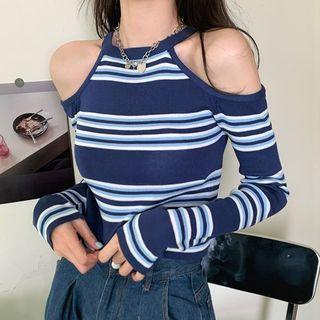 Cold-shoulder Striped Knit Crop Top