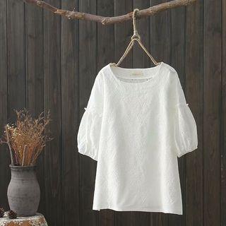 Eyelet Lace Elbow-sleeve T-shirt White - One Size