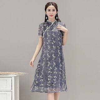 Floral Print Short-sleeve Chiffon Cheongsam