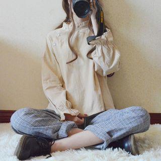 Bell-sleeve Blouse / Plaid Straight-cut Pants