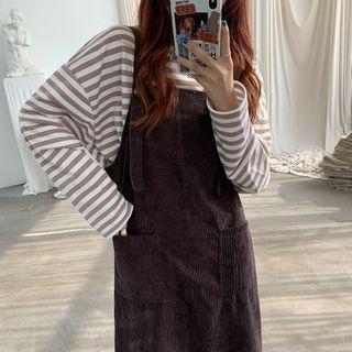 Striped Long-sleeve T-shirt / Corduroy Pinafore Dress