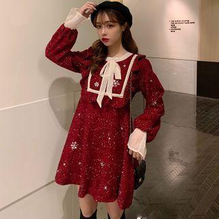 Contrast Trim Lace Up Bell-sleeve Mesh Panel Sequined A-line Dress