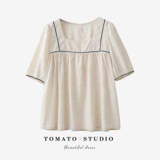 Square-neck Two Tone Oversized Blouse Almond - One Size